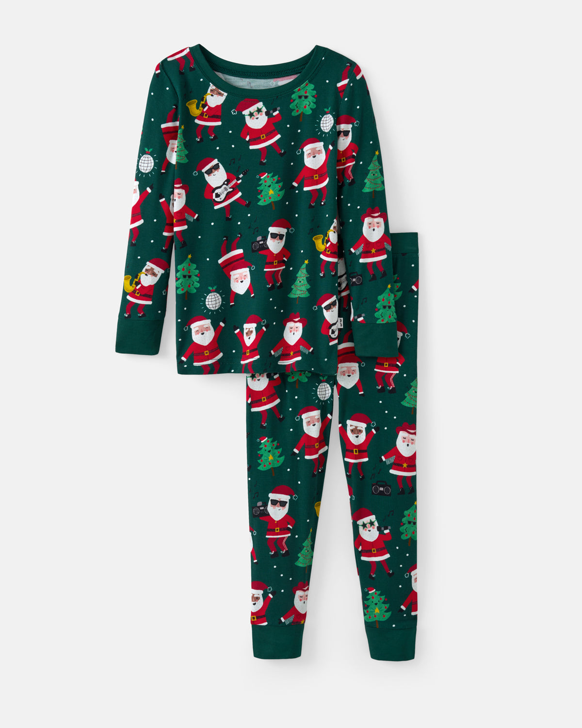 A two-piece children's pajama set featuring a dark green long-sleeve top and matching pants with an all-over festive print of Santa Claus, Christmas trees, and snowflakes, displayed on a light gray background.
