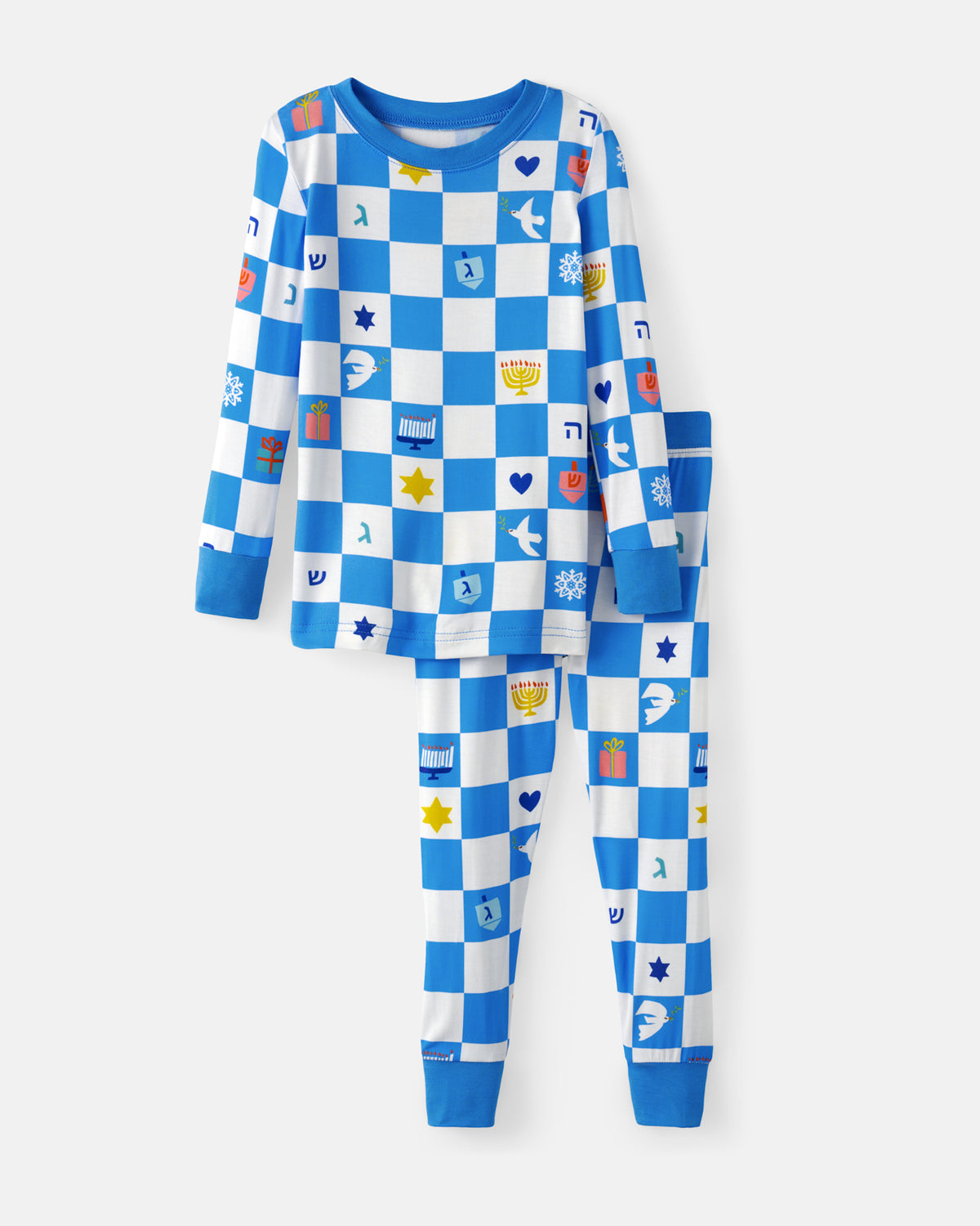 Flat lay of the Hanukkah Checks Two-Piece Pajama Set