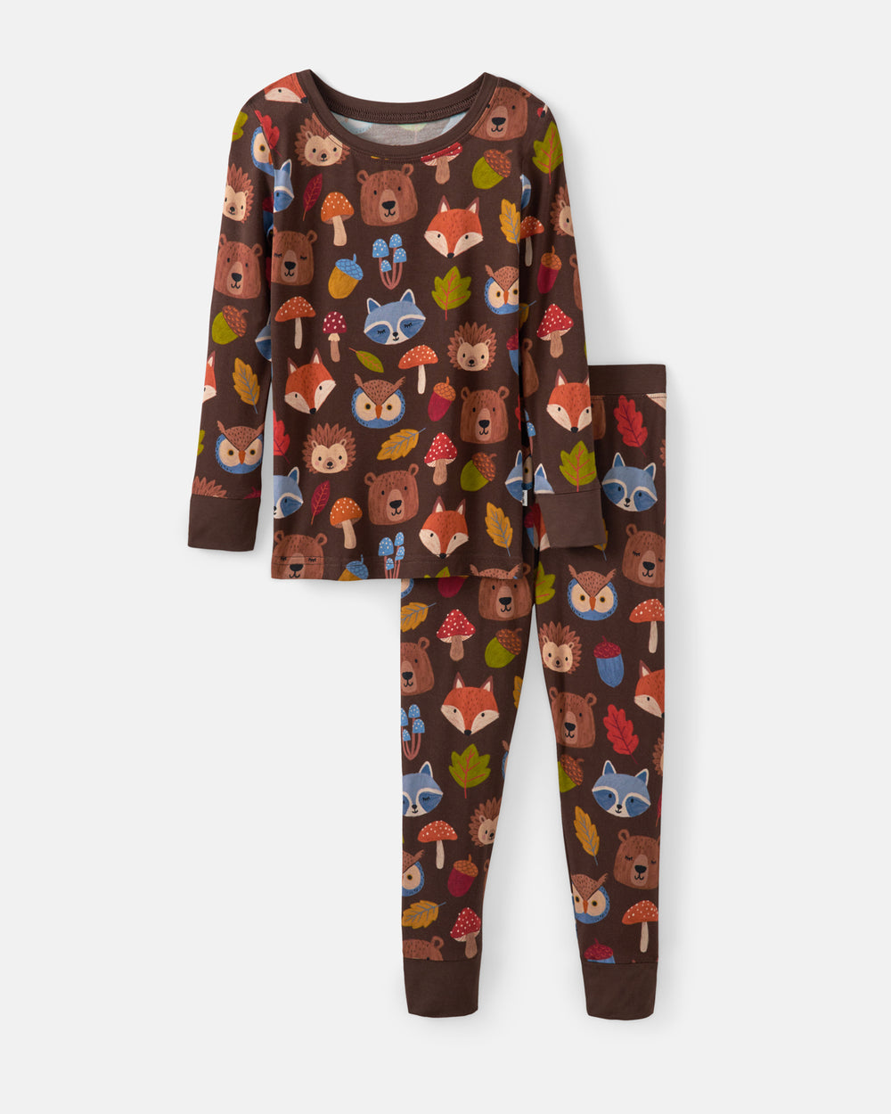 A two-piece children's pajama set featuring a long-sleeve top and matching pants in dark brown, both covered in a colorful woodland animal print with bears, foxes, raccoons, owls, mushrooms, and leaves.
