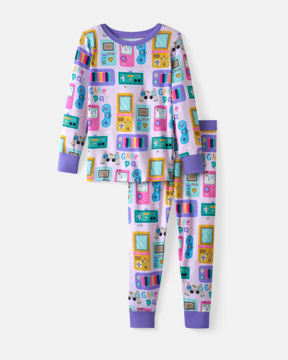 Flat lay of the Purple Game On Two-Piece Pajama Set