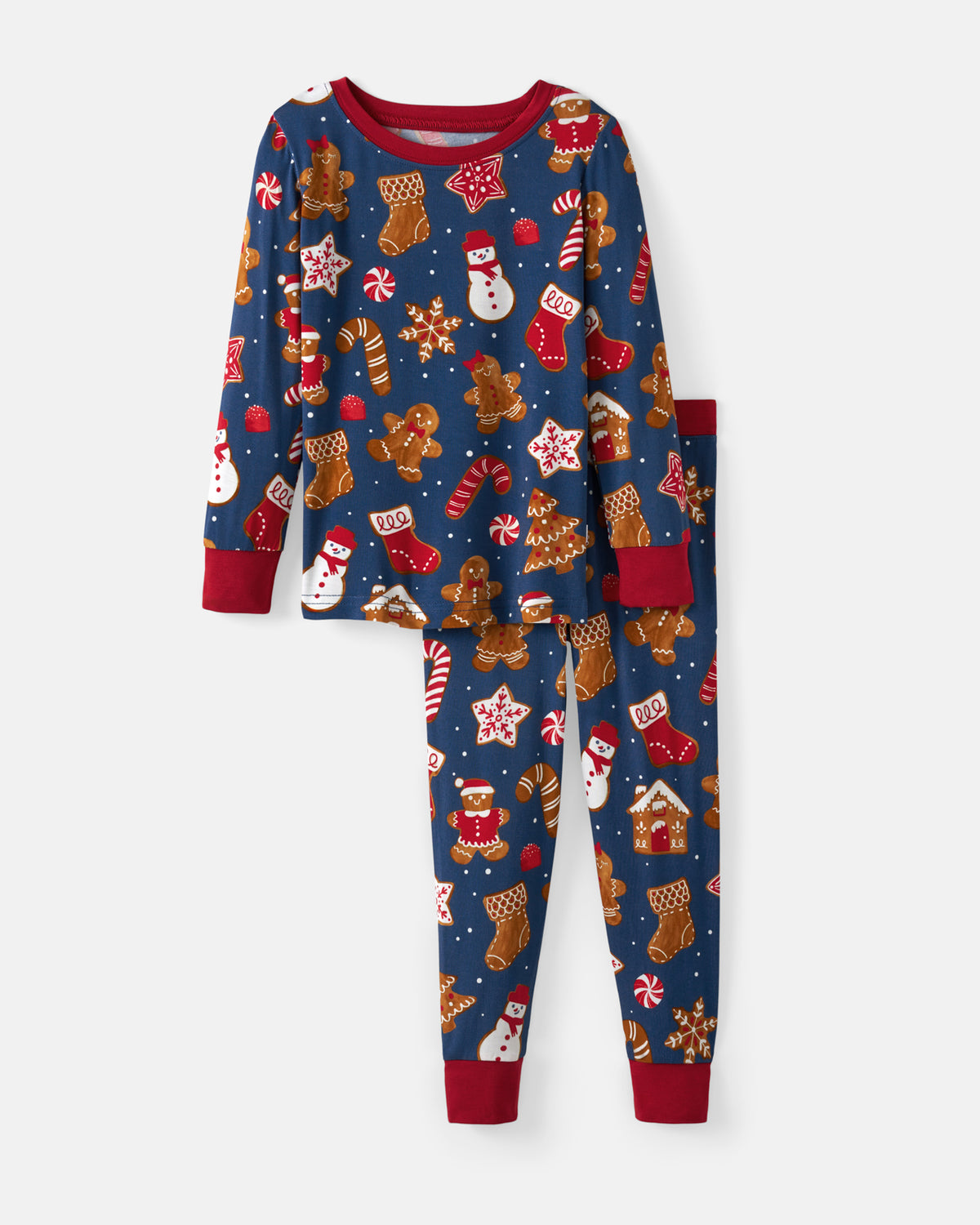 A two-piece children's pajama set with a festive Christmas print on a navy blue background, featuring gingerbread cookies, candy canes, snowmen, and stockings, with red cuffs and collar.