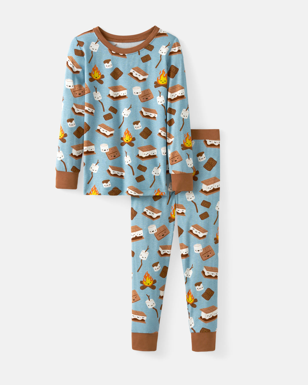 A two-piece children's pajama set featuring a light blue long-sleeve top and matching pants with a brown elastic collar, cuffs, and hem. The fabric is covered in a playful cartoon print of gummy bears, campfires, marshmallows, and s'mores.