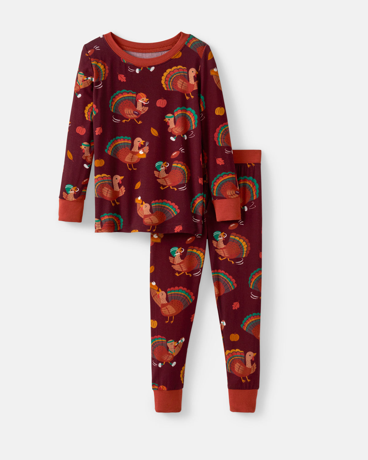 A two-piece children's pajama set featuring a long-sleeve top and matching pants in a deep burgundy color, decorated with a repeating pattern of cartoon turkeys, acorns, and autumn leaves. The cuffs and collar are solid burgundy.