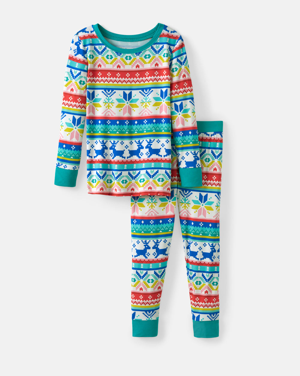 A two-piece children's pajama set featuring a long-sleeve top and matching pants with a colorful Fair Isle holiday pattern of snowflakes, reindeer, and geometric stripes in blue, red, green, yellow, and white.