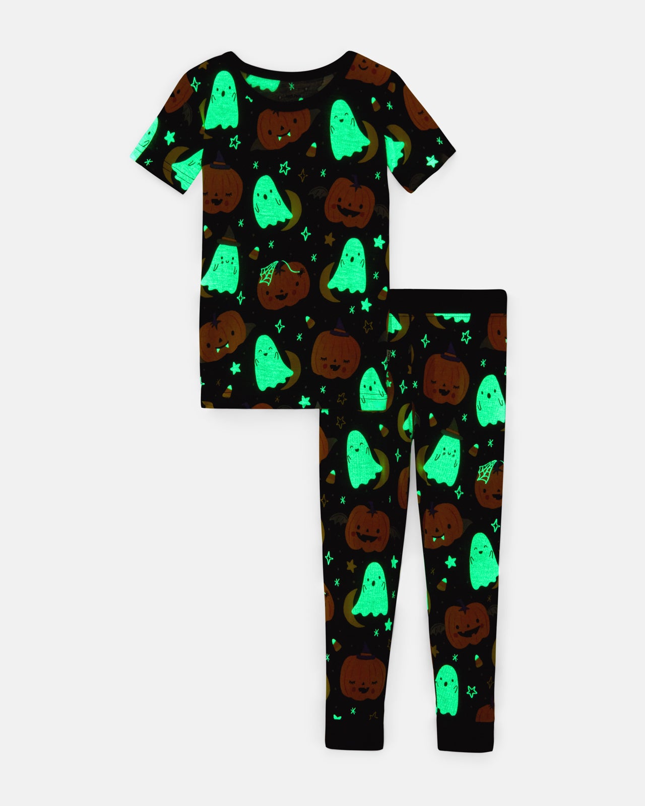Flat lay of the glow in the dark Moonlit Magic Two-Piece Short Sleeve Pajama Set