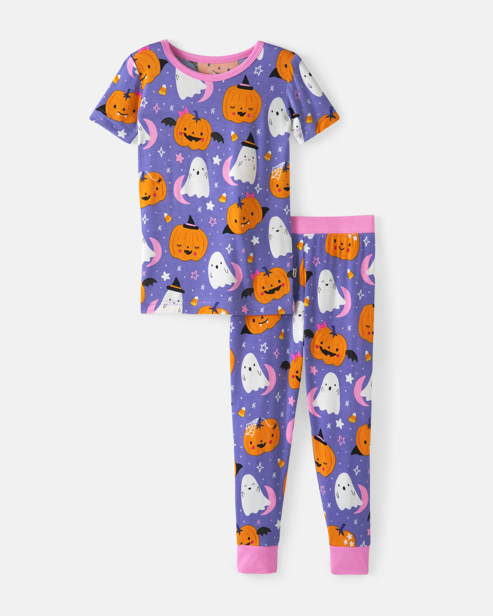 Flat lay of the Moonlit Magic Purple Two-Piece Short Sleeve Pajama Set