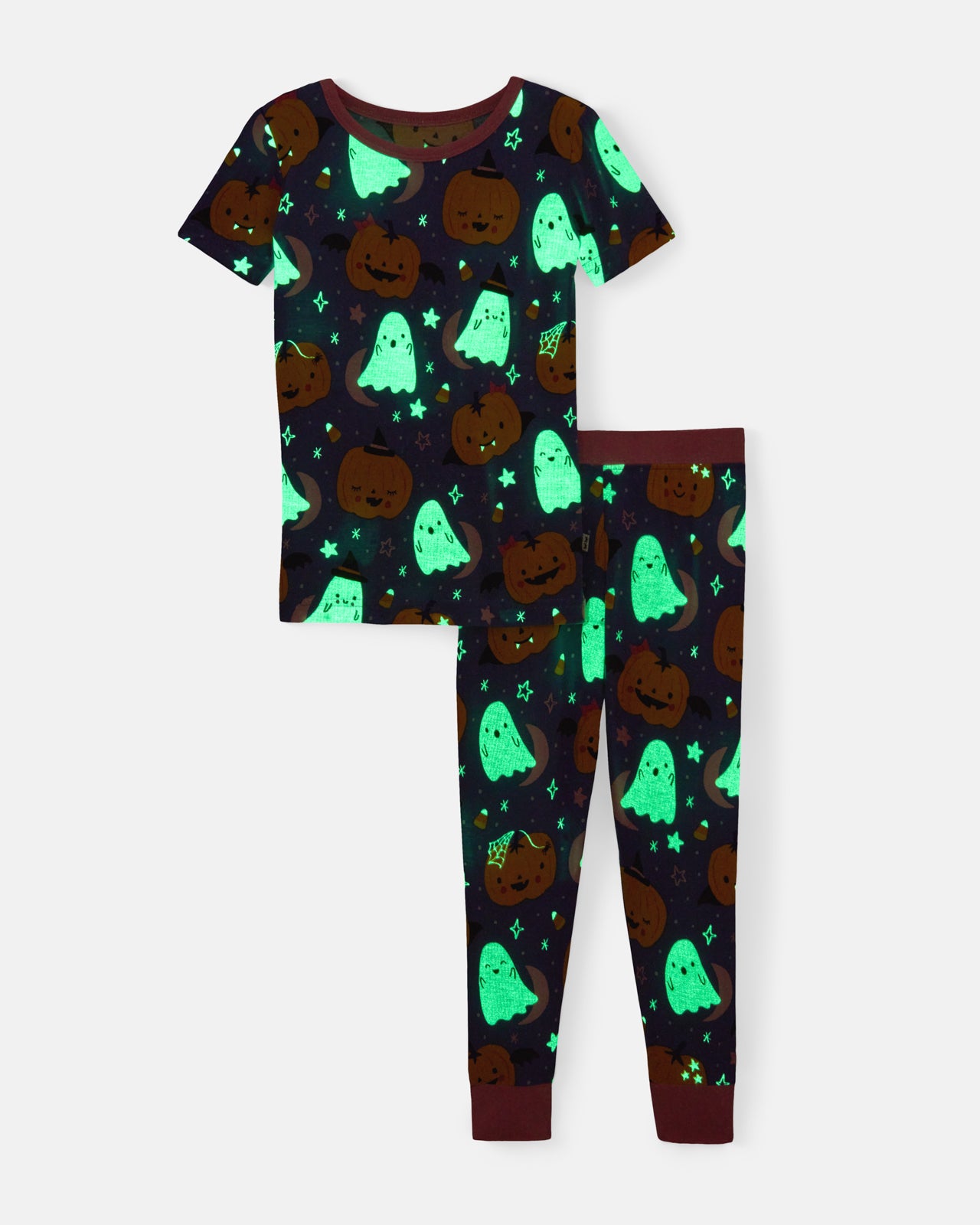 Flat lay of the glow in the dark Moonlit Magic Purple Two-Piece Short Sleeve Pajama Set