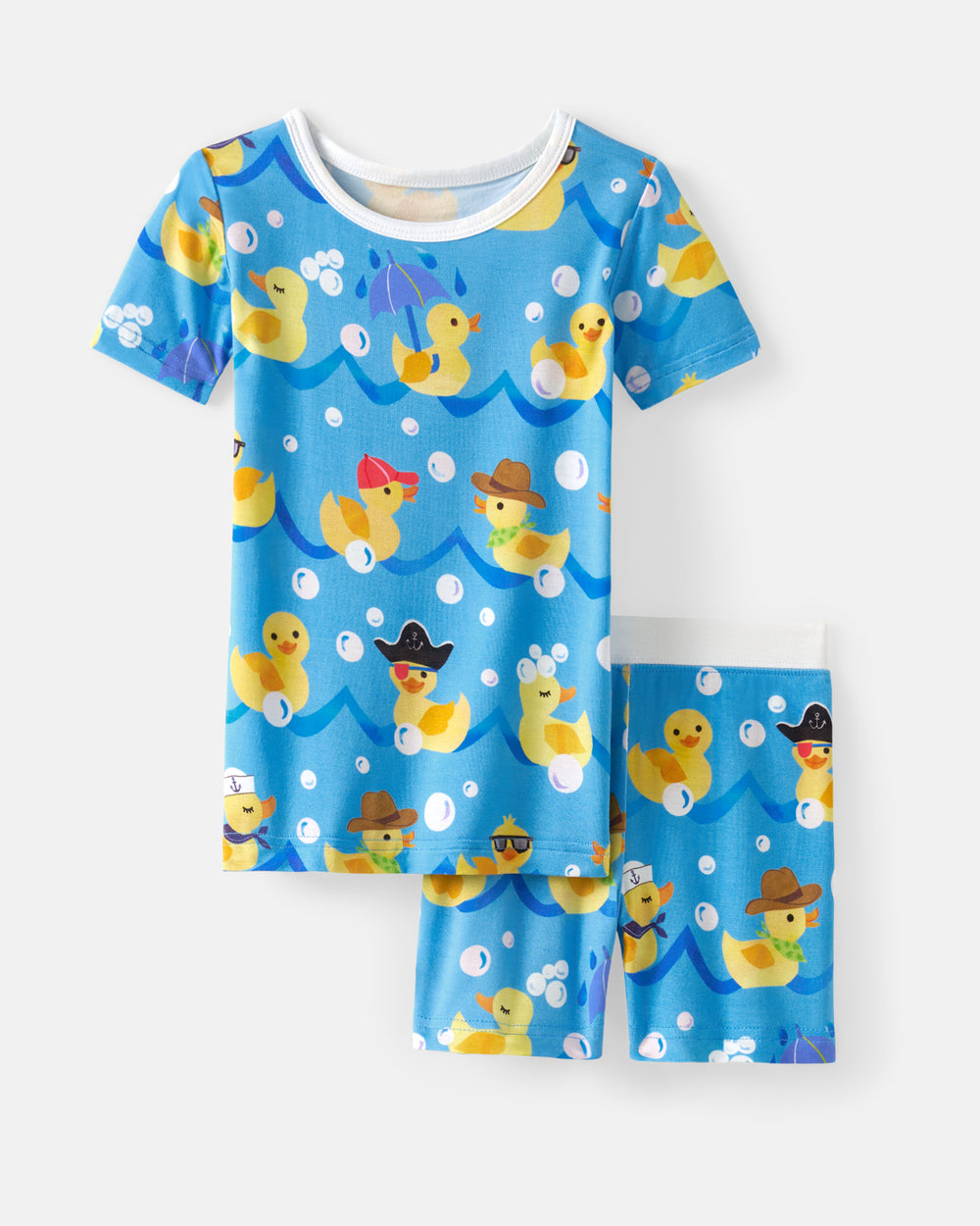 A two-piece children's pajama set featuring a short-sleeve top and matching shorts in bright blue with a playful rubber duck pattern, displayed on a clean white background.