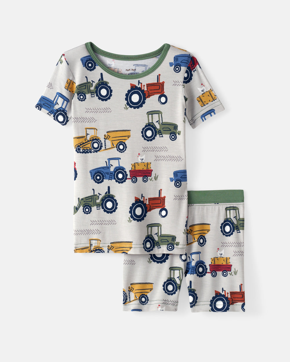 Flat lay of the Tractor Tales Two-Piece Short Sleeve & Shorts Pajama Set