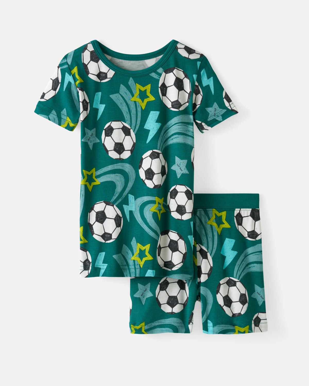 Flat lay of the Soccer Stars Two-Piece Short Sleeve & Shorts Pajama Set