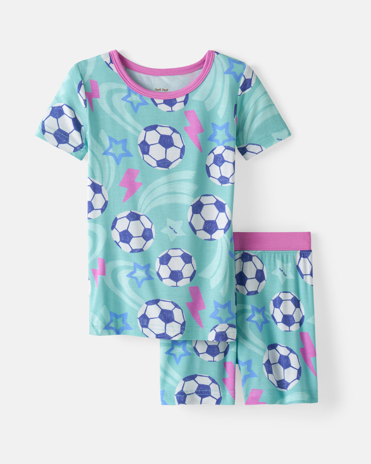 Flat lay of the Aqua Soccer Stars Two-Piece Short Sleeve & Shorts Pajama Set