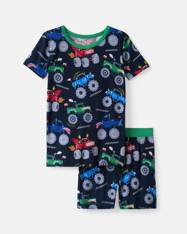Flat lay of the Monster Truck Madness Two-Piece Short Sleeve & Shorts Pajama Set