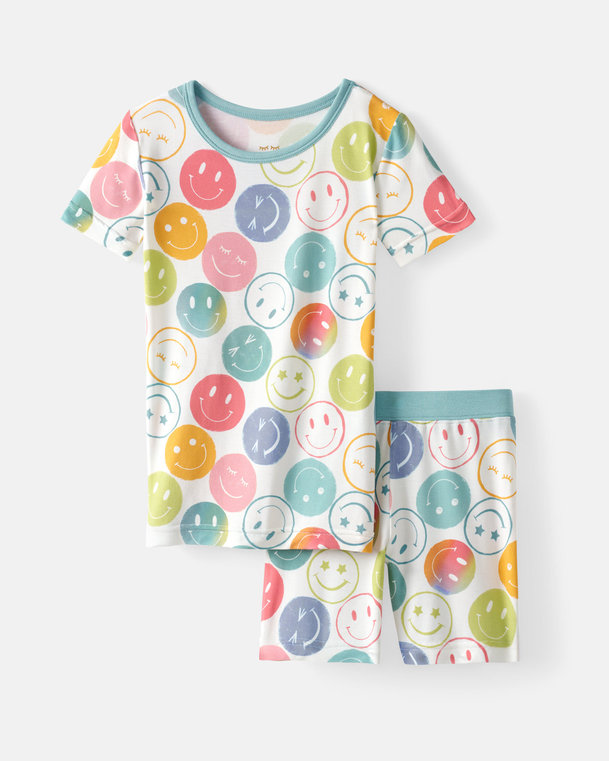 Flat lay of the Positive Vibes Two-Piece Short Sleeve & Shorts Pajama Set