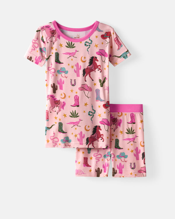 Flat lay of the Pink Rancher Roundup Two-Piece Short Sleeve & Shorts Pajama Set