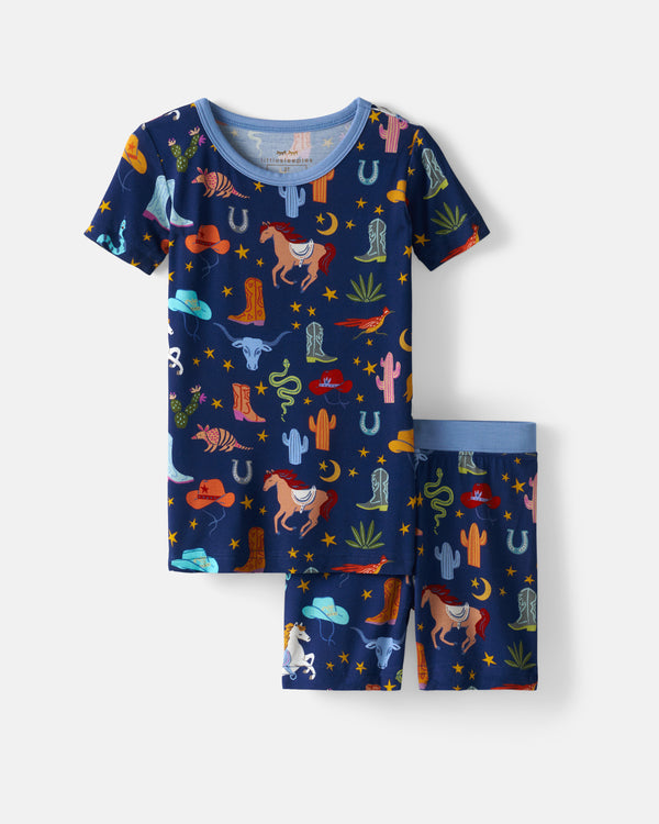 Flat lay of the Blue Rancher Roundup Two-Piece Short Sleeve & Shorts Pajama Set