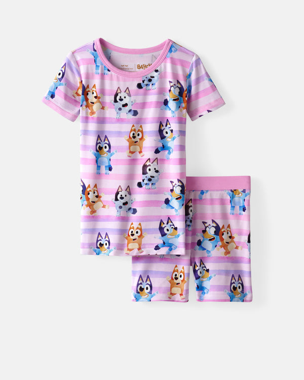 Flat lay of the Pink Bluey Dance All Day Two-Piece Short Sleeve & Shorts Pajama Set
