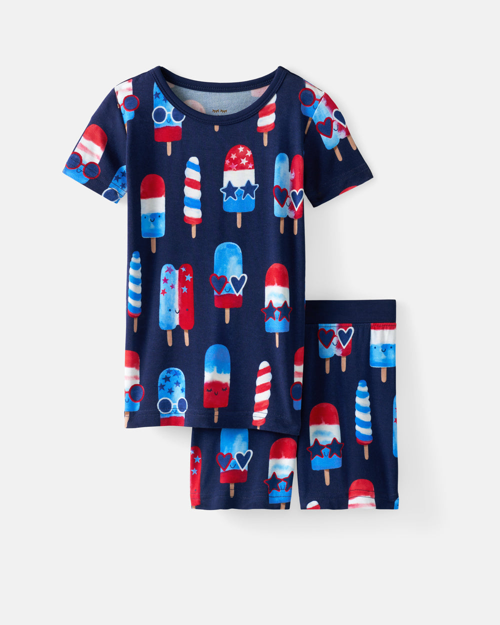 Flat lay of the Sparkle Treats Two-Piece Short Sleeve & Shorts Pajama Set