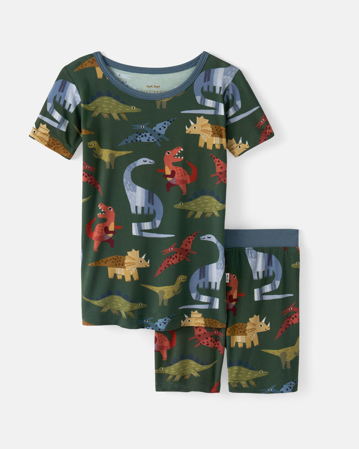 Flat lay of the Green Roar & Explore Two-Piece Short Sleeve & Shorts Pajama Set