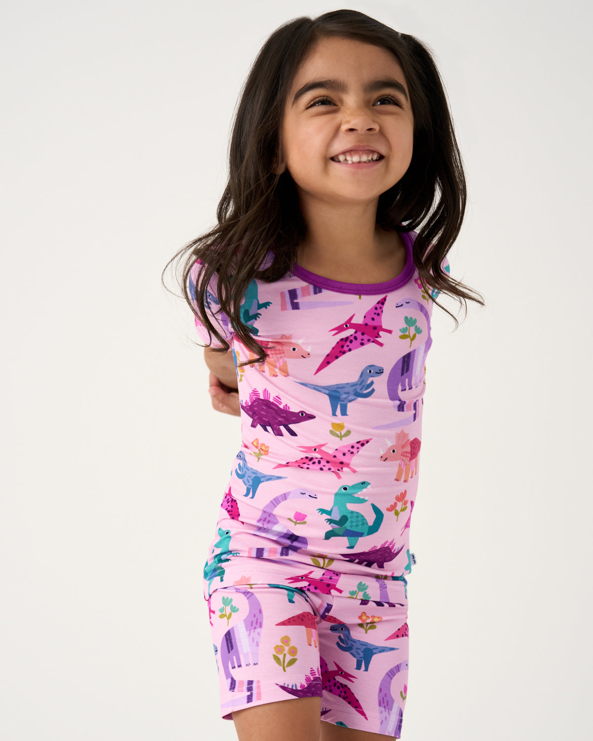 Alternate close up of child wearing the Pink Roar & Explore Two-Piece Short Sleeve & Shorts Pajama Set