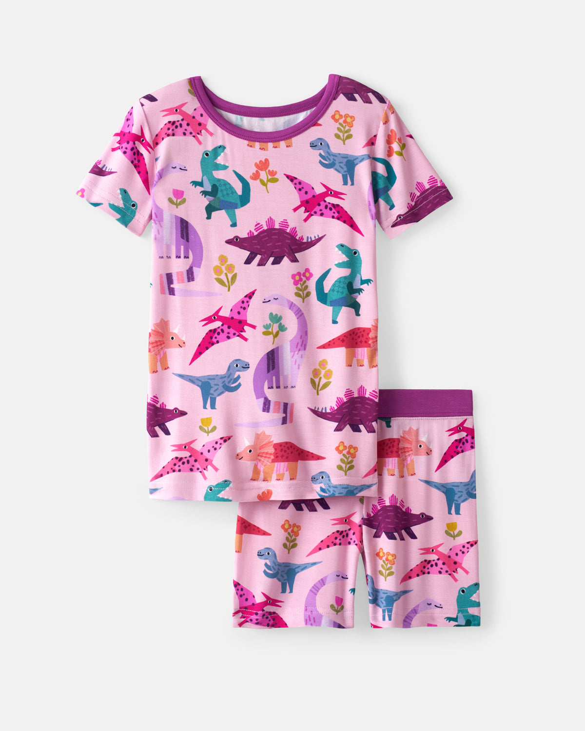 Flat lay of the Pink Roar & Explore Two-Piece Short Sleeve & Shorts Pajama Set