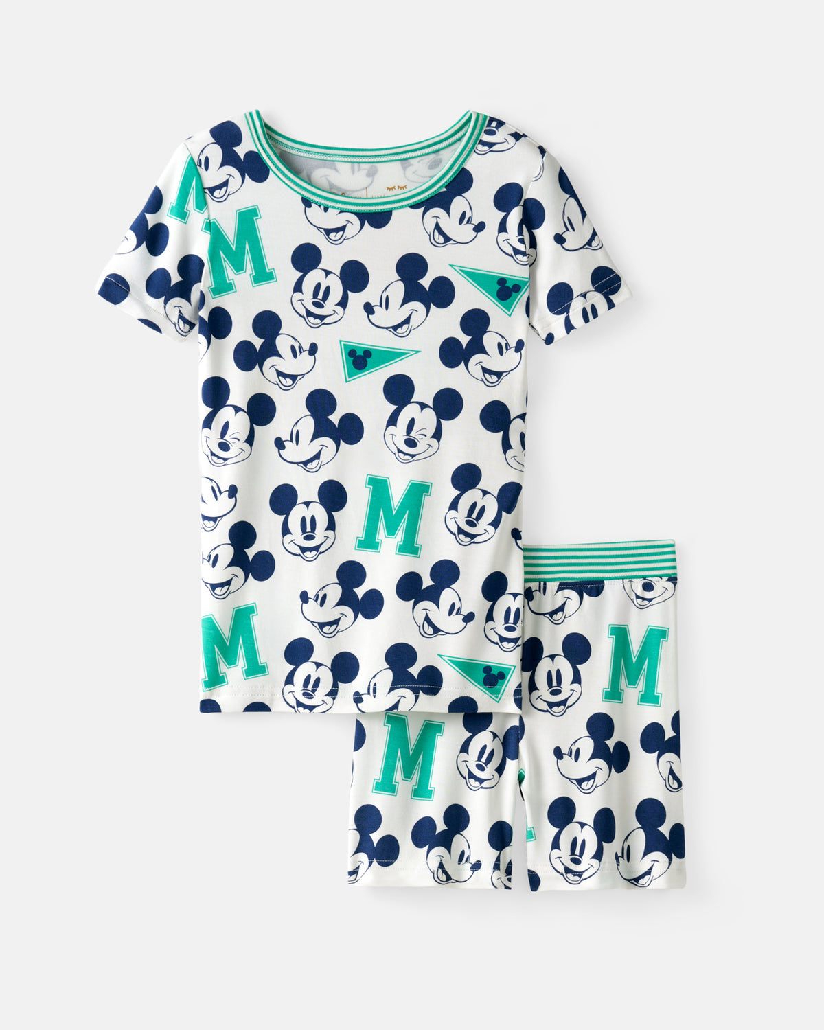 Flat lay of the Disney Varsity Mickey Mouse Two-Piece Short Sleeve & Shorts Pajama Set