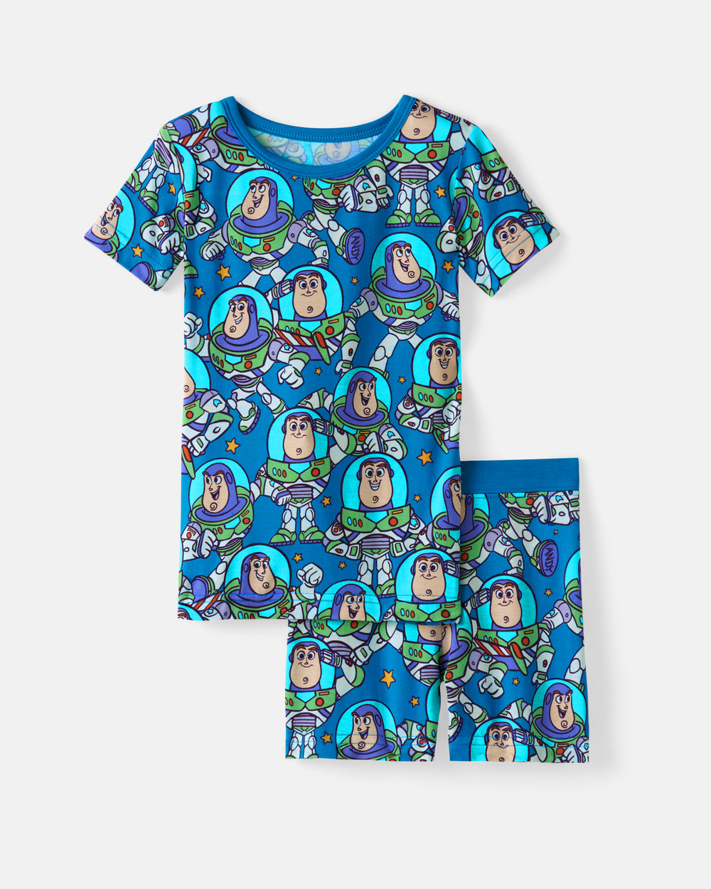 Flat lay of the Disney & Pixar Buzz's Cosmic Crew Two-Piece Short Sleeve & Shorts Pajama Set