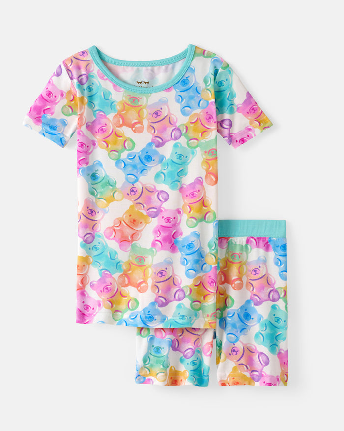 Flat lay of the Gummy Giggles Two-Piece Short Sleeve & Shorts Pajama Set