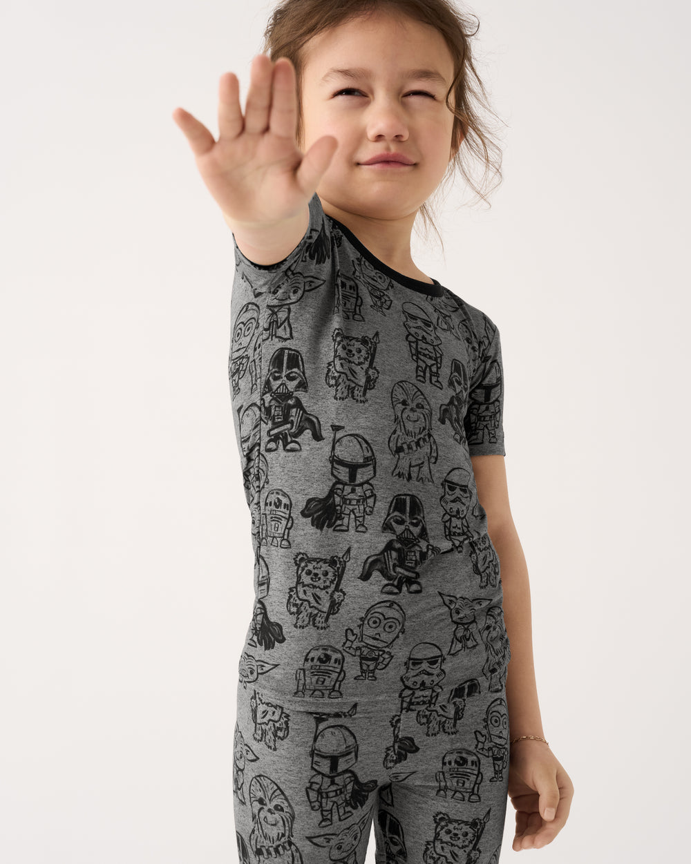 Posing girl wearing the Star Wars Far, Far, Away Friends Two-Piece Short Sleeve & Shorts Pajama Set
