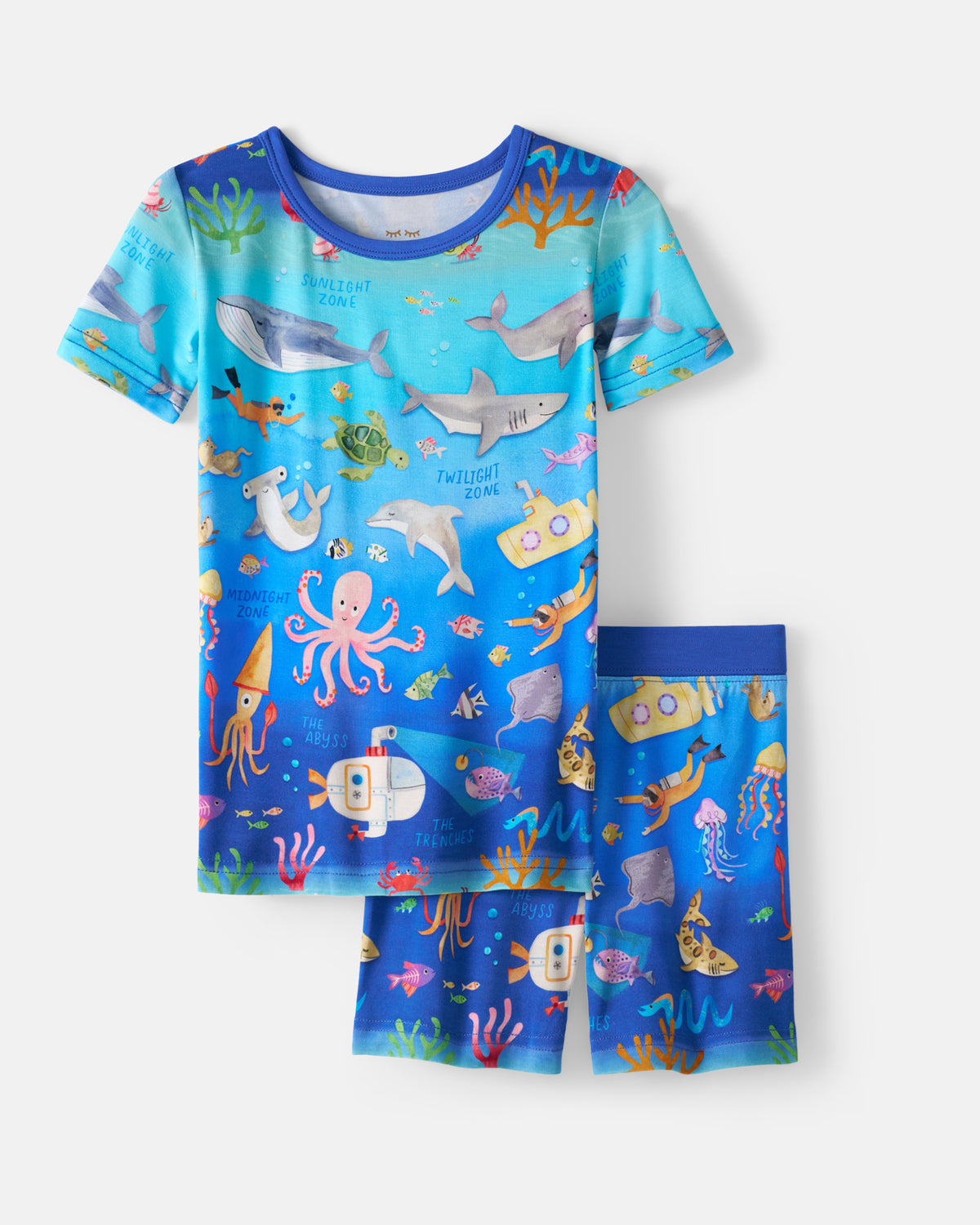 Flat lay of the Underwater Discovery Two-Piece Short Sleeve & Shorts Pajama Set