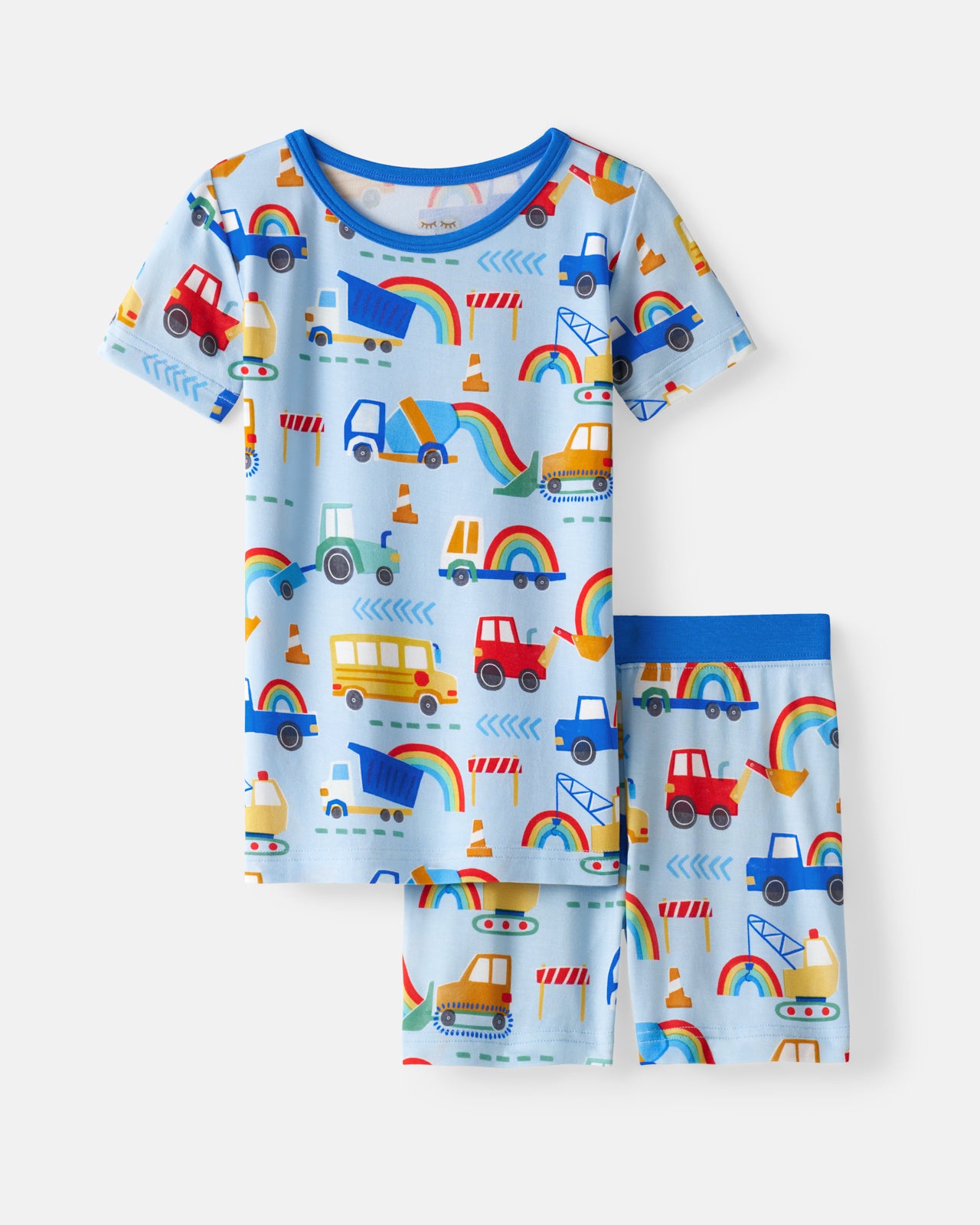 Flat lay of the Rainbow Trucks Two-Piece Short Sleeve & Shorts Pajama Set