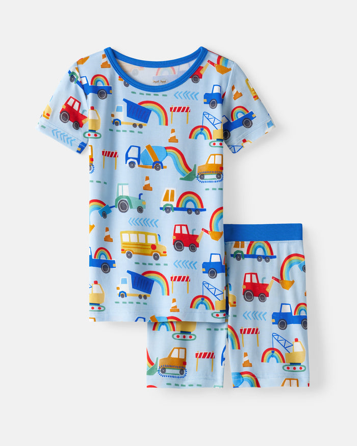 Flat lay of the Rainbow Trucks Two-Piece Short Sleeve & Shorts Pajama Set