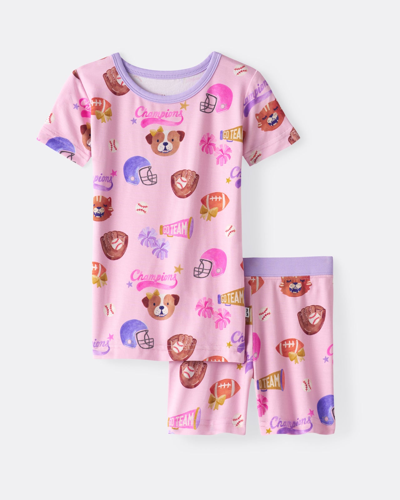 Flat lay of the Team Spirit Pink Two-Piece Short Sleeve & Shorts Pajama Set
