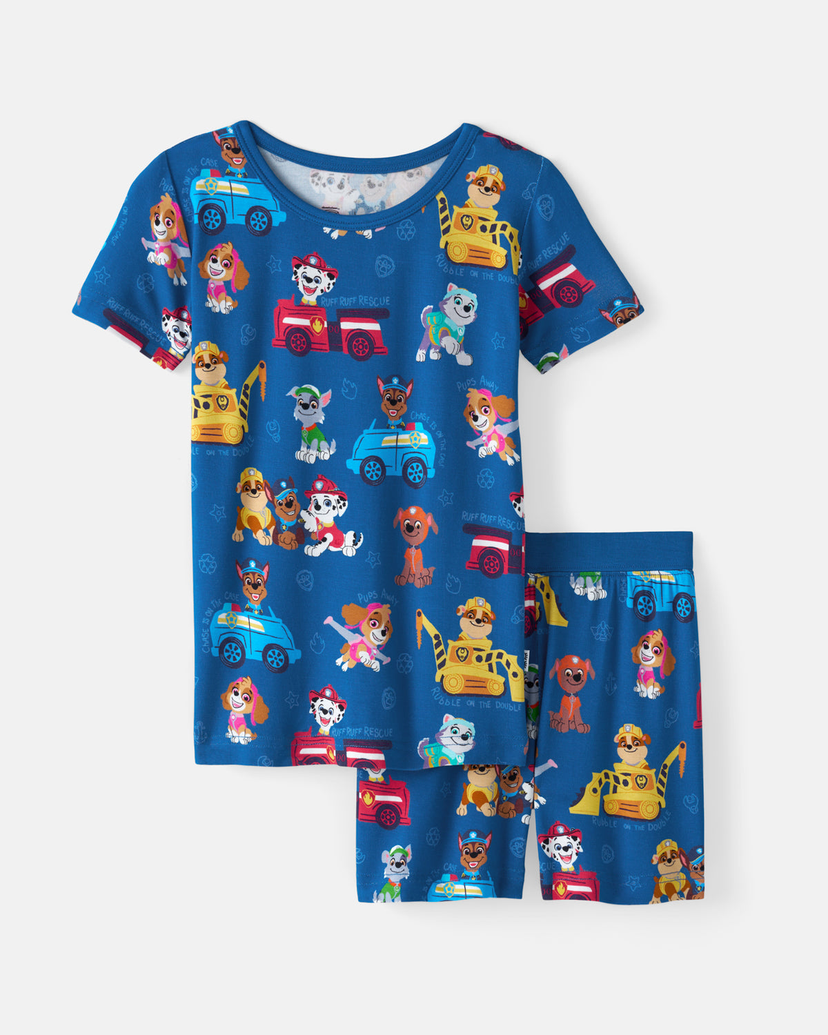 Flat lay of the PAW Patrol Adventure Bay Heroes Two-Piece Short Sleeve & Shorts Pajama Set