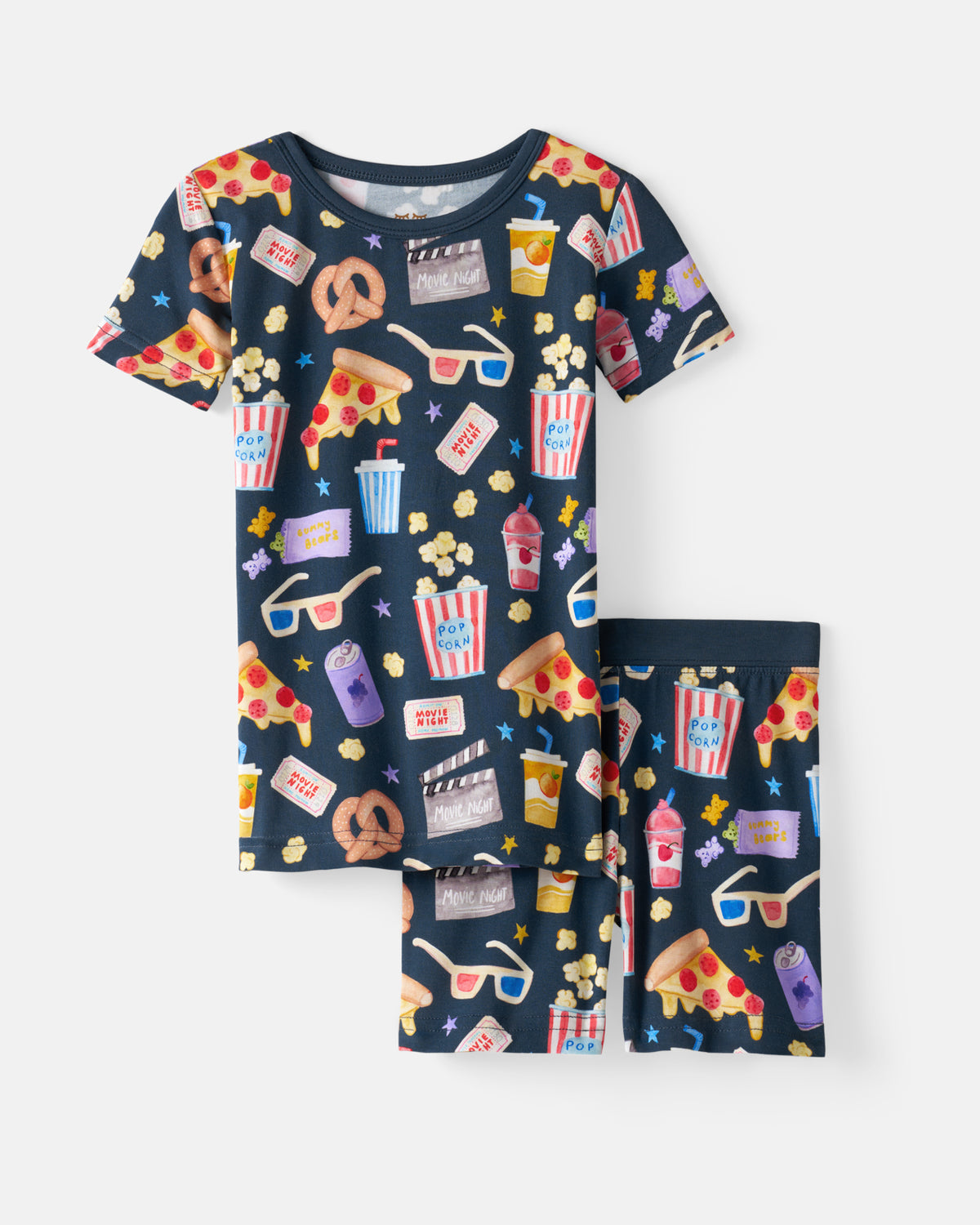 Flat lay of the Movie Marathon Two-Piece Short Sleeve & Shorts Pajama Set