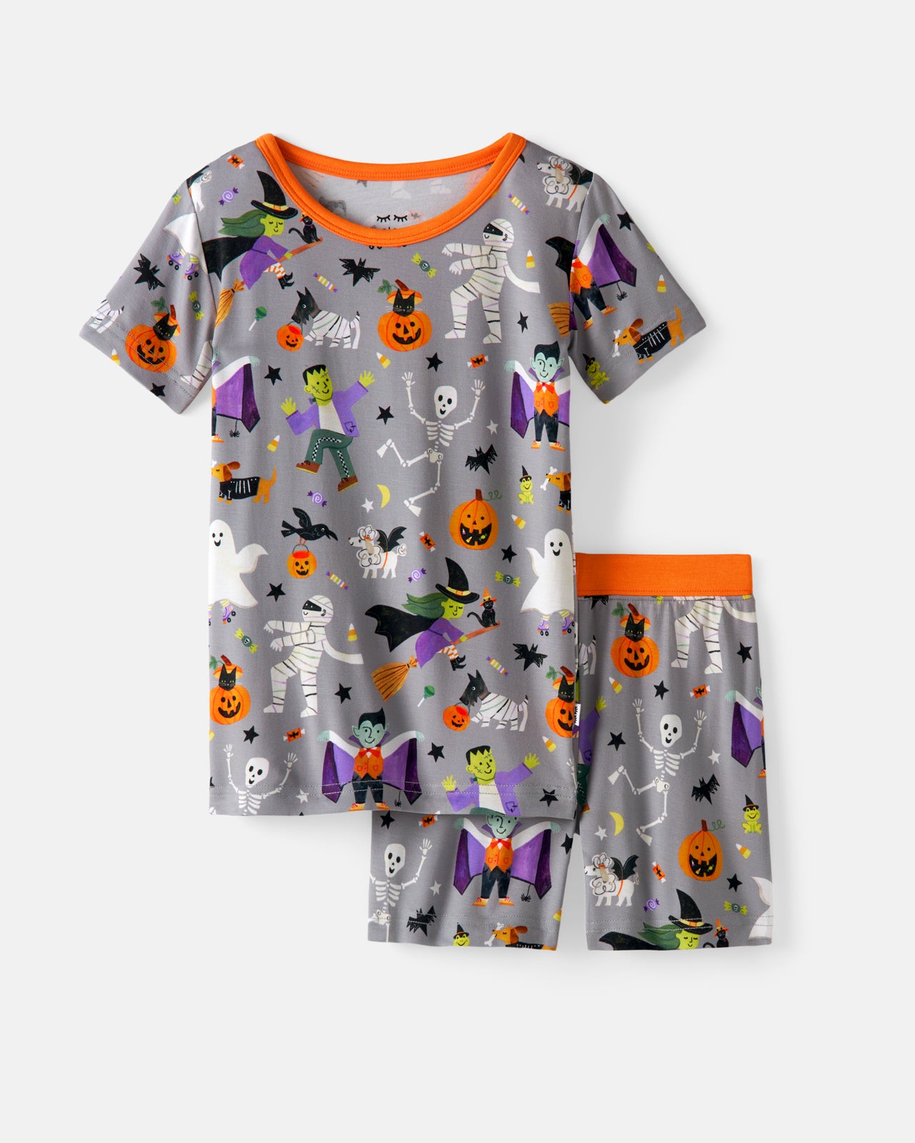 Flat lay of the Dracula's Disco Two-Piece Short Sleeve & Shorts Pajama Set
