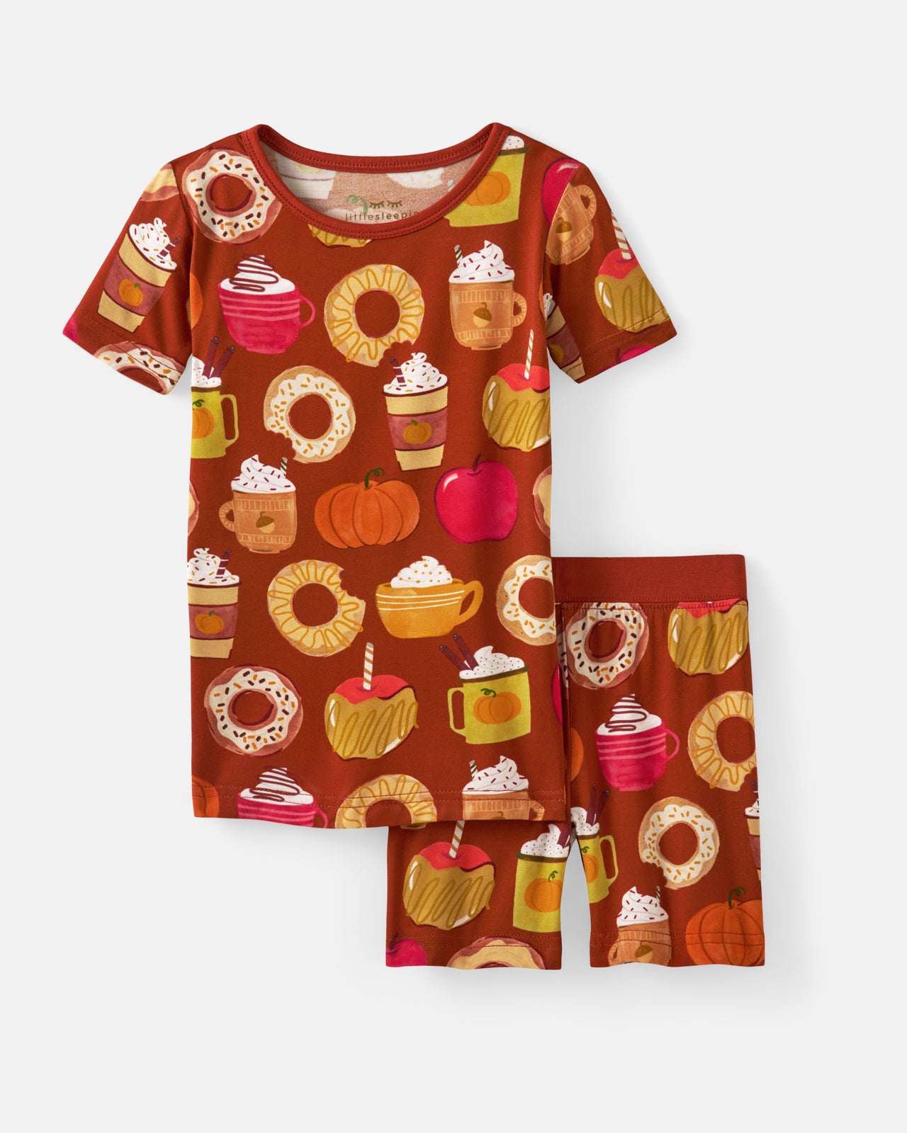 Flat lay of the Harvest Sweets Two-Piece Short Sleeve & Shorts Pajama Set