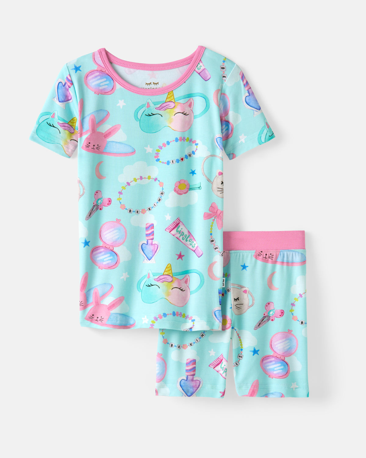 Flat lay of the Slumber Club Two-Piece Short Sleeve & Shorts Pajama Set