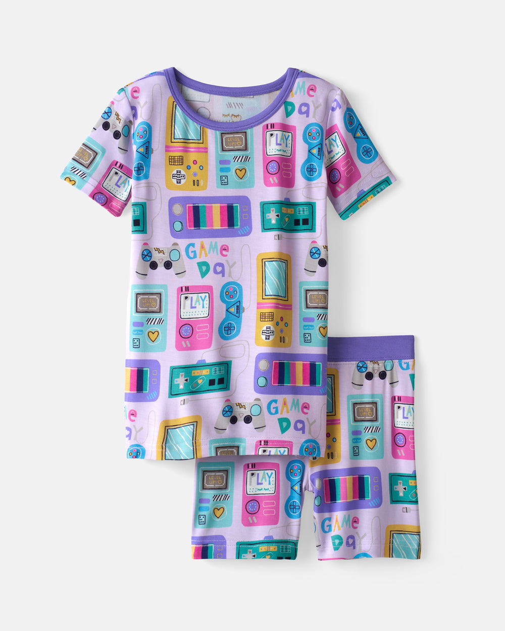 Flat lay of the Purple Game On Two-Piece Short Sleeve & Shorts Pajama Set