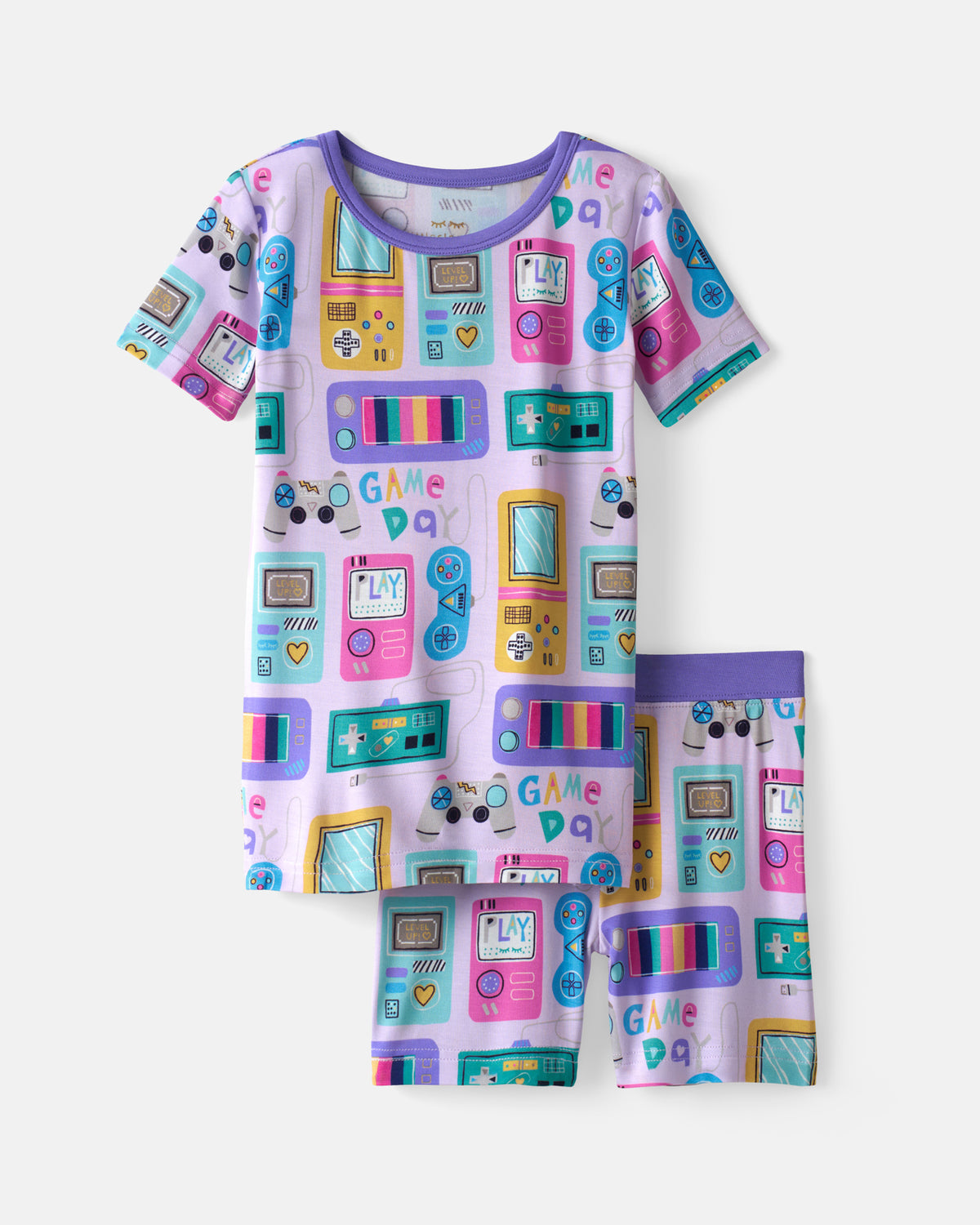 Flat lay of the Purple Game On Two-Piece Short Sleeve & Shorts Pajama Set
