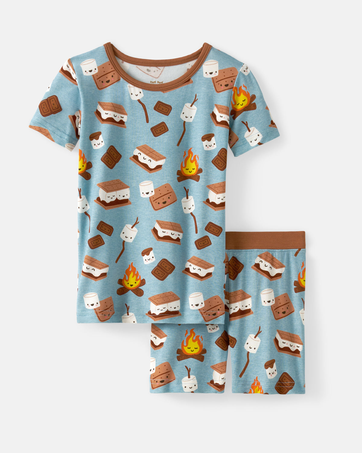 A two-piece children's pajama set featuring a light blue t-shirt and matching shorts with a s'mores and campfire pattern, set against a plain light gray background.