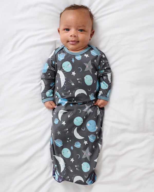 Newborn baby boy wearing the Blue To the Moon & Back Infant Gown