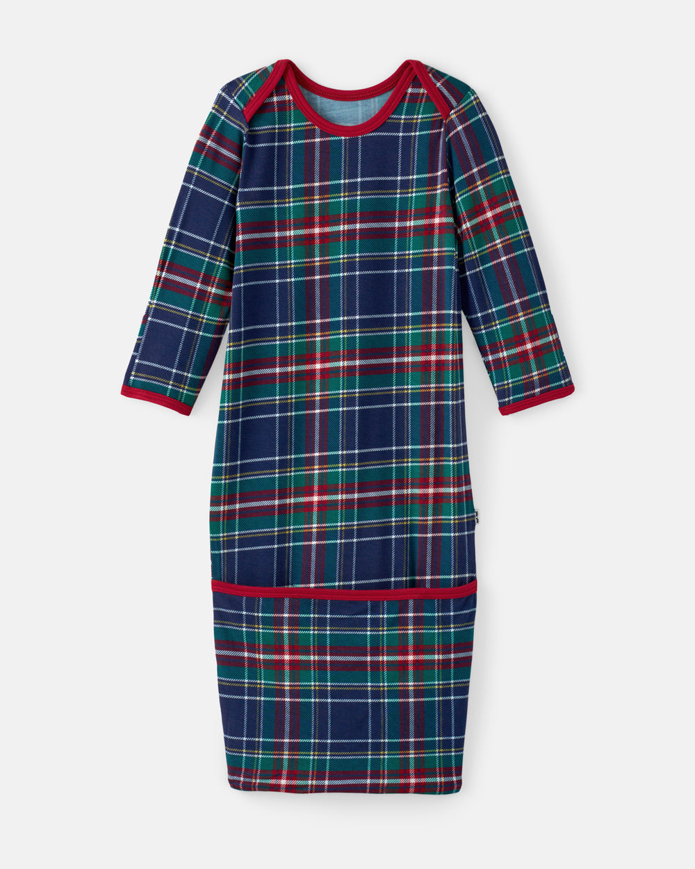 A long-sleeve sleep gown with a navy blue tartan plaid pattern, accented with red and green stripes, and red trim on the neckline and cuffs, shown against a light gray background.