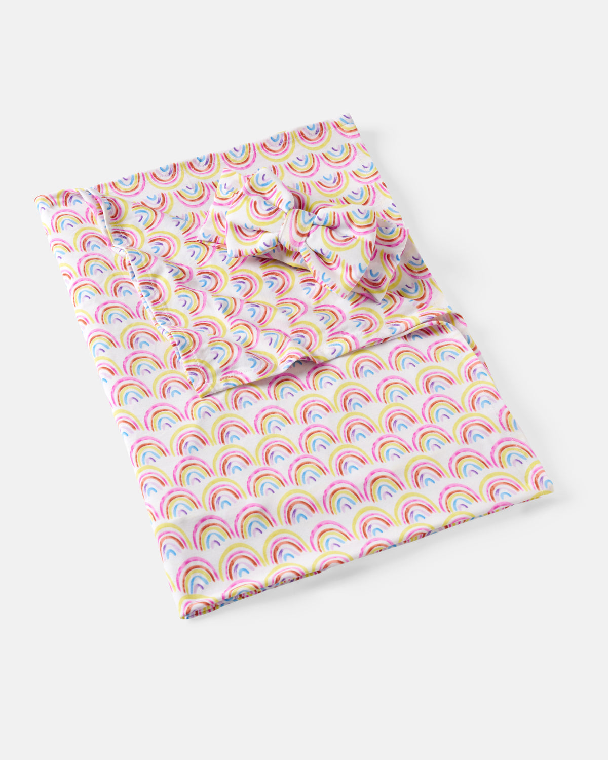 Flat lay of the Pastel Rainbows Swaddle & Luxe Bow Headband Set