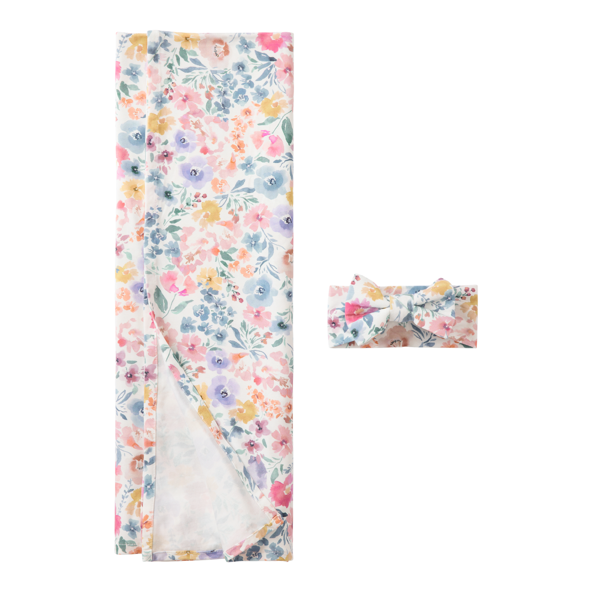 Floral-patterned baby blanket and headband on a white background