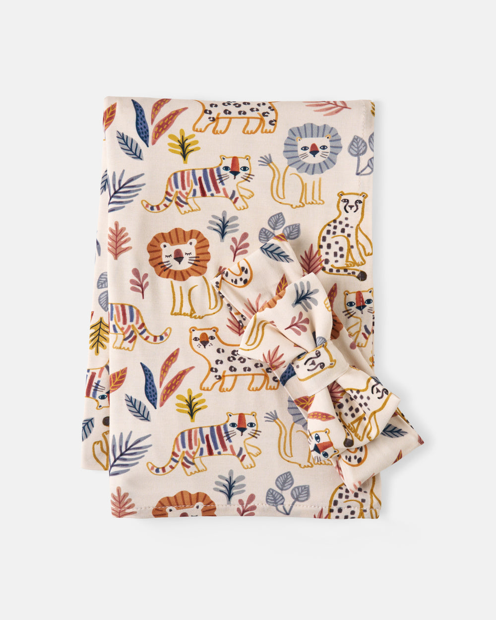 Flat lay of the Savanna Friends Swaddle & Luxe Bow Headband Set