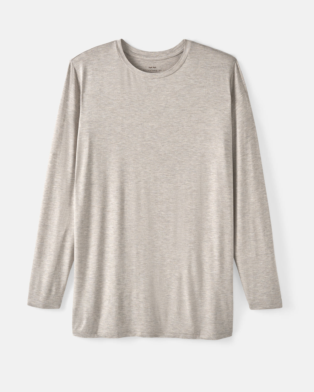 A light beige long-sleeve crewneck shirt with a subtle heathered texture, displayed flat against a light gray background.