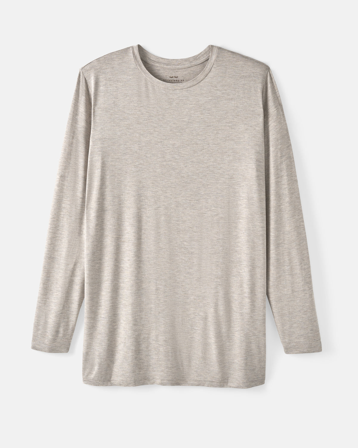 A light beige long-sleeve crewneck shirt with a subtle heathered texture, displayed flat against a light gray background.