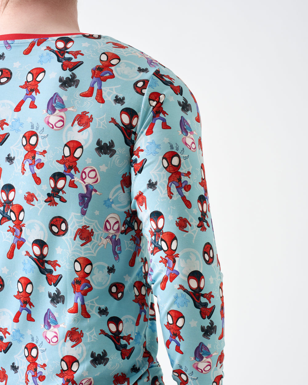 Close up of the back of a man wearing the Spidey & Friends Tiny Webs Men's Long Sleeve Pajama Top