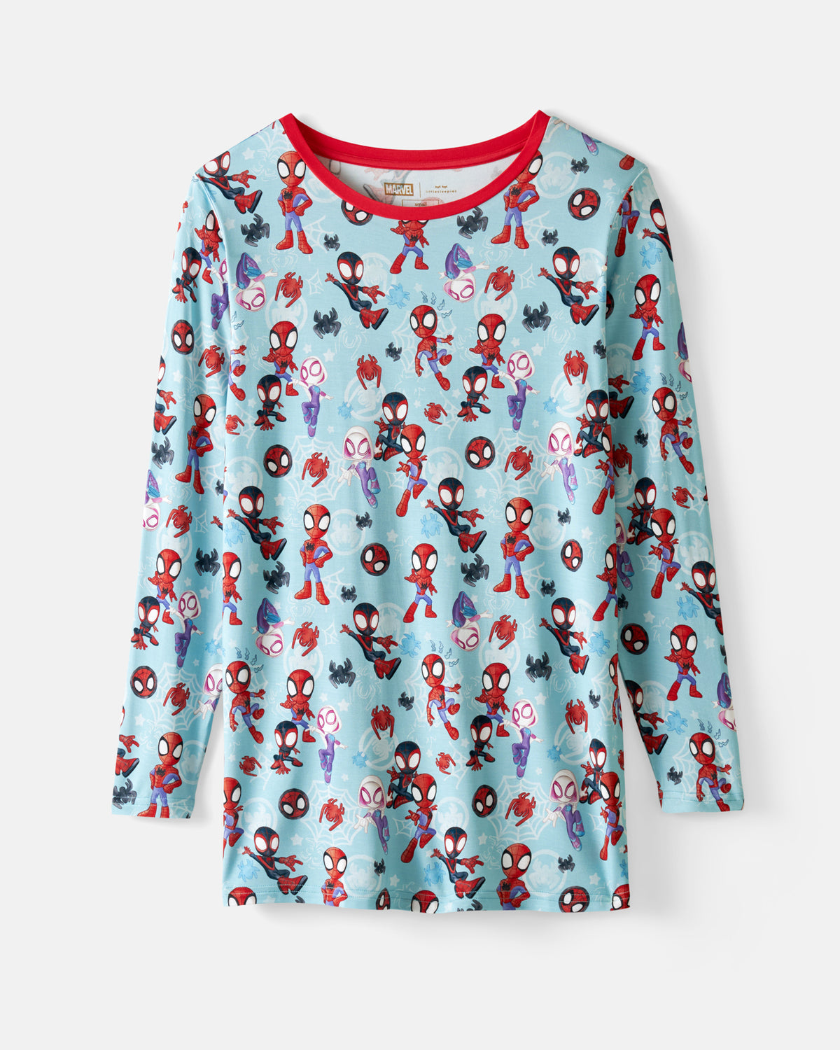Flat lay of the Spidey & Friends Tiny Webs Men's Long Sleeve Pajama Top
