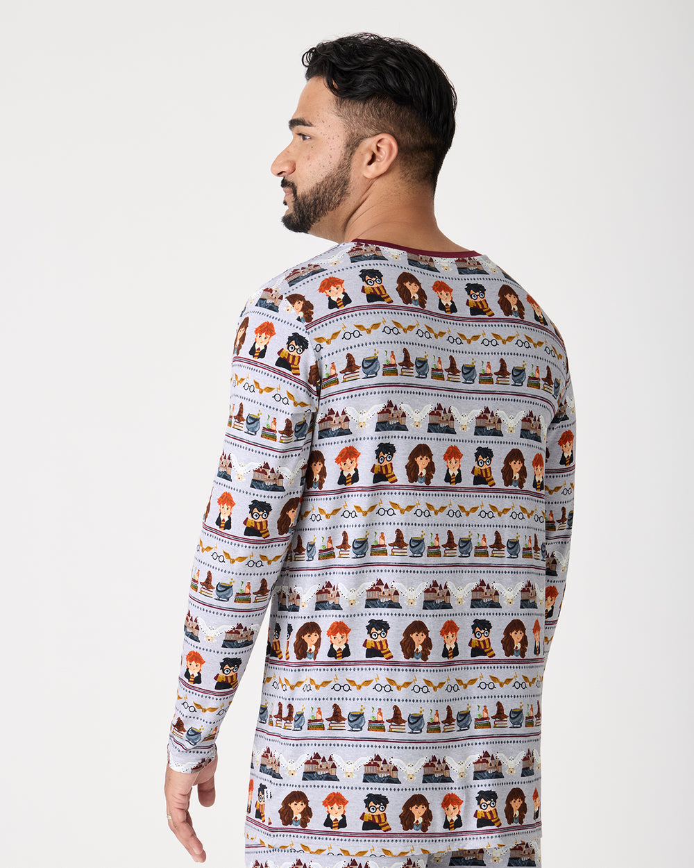 Back view of man wearing the Harry Potter™ Spellbinding Studies Men's Long Sleeve Pajama Top